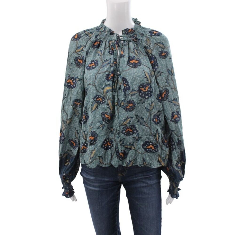 Ulla Johnson Women Blue Floral High Neck Long Sleeve Tie Blouse Size 6